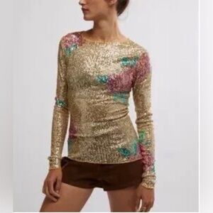NWT Free People Gold Rush Sequin Floral Top S & M Color Champagne Combo Y2K Boho